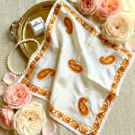 Kashmiri Hand Embroidered Silk Handkerchief with Blush Floral Motifs